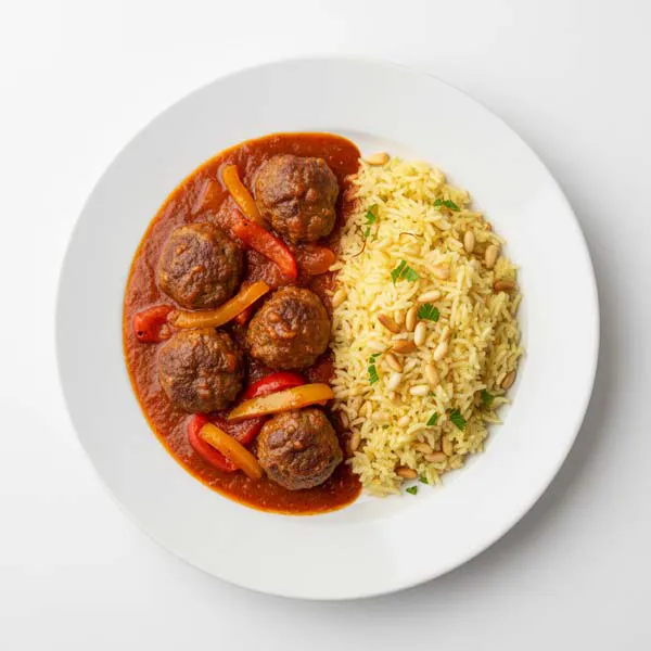 Saffron & Bellpepper Beef Dawood Basha With Pineseed Rice